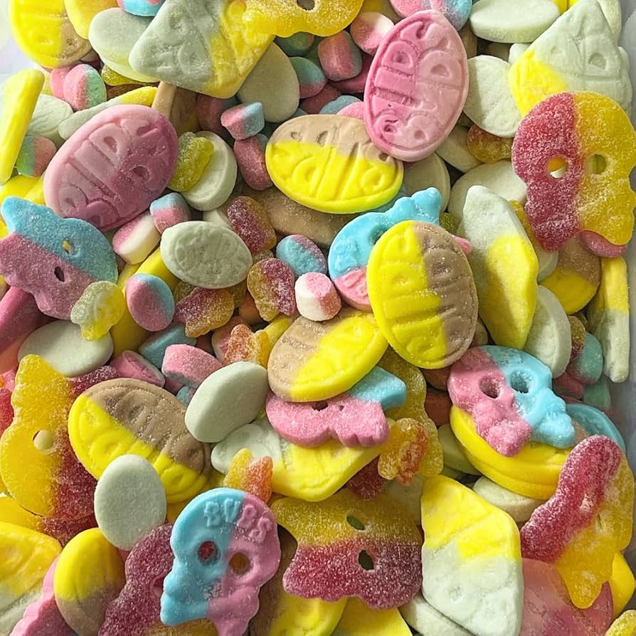 Assorted Swedish colorful candy with butterfly shapes and visible brand name.