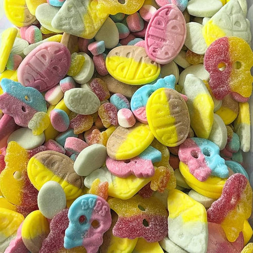 Assorted Swedish colorful candy with butterfly shapes and visible brand name.