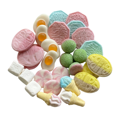 A colorful assortment of gluten free Swedish candies arranged on a plain white background, including pink and yellow embossed cookies, white and yellow egg-shaped candies, green sugar-coated balls, pastel ice cream cone candies, and pink and blue flower-shaped pieces.