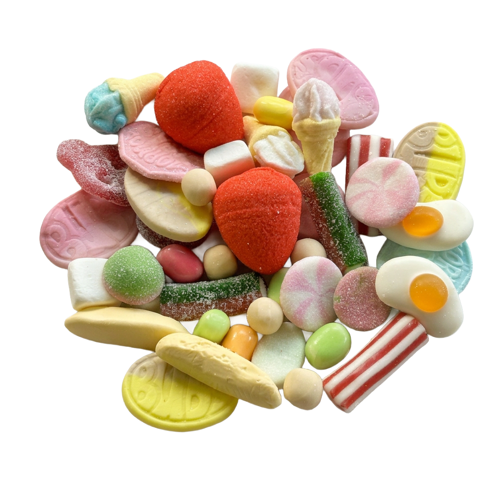 A colorful assortment of Swedish soft candies and gummy sweets piled together on a plain white background, including strawberry-shaped gummies, ice cream cone gummies, striped candy, and pastel sweets.