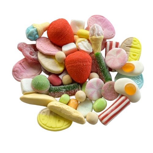 A colorful assortment of Swedish soft candies and gummy sweets piled together on a plain white background, including strawberry-shaped gummies, ice cream cone gummies, striped candy, and pastel sweets.